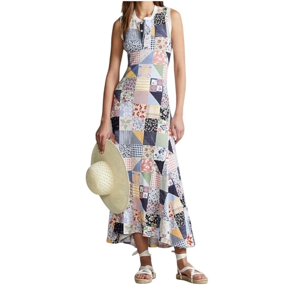 Polo Ralph Lauren Patchwork Quilt Print Waffle‎ Knit Maxi Dress Blue XXL HTF New